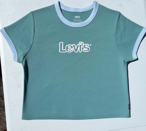 Levi's Tops - Levi's Ringer T-Shirt‎ Women XL Sage Green Embossed Bubble Logo Retro Tee